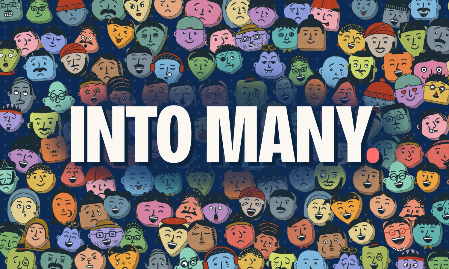 Business card back: Into many, over a crowd of colorful illustrated faces.